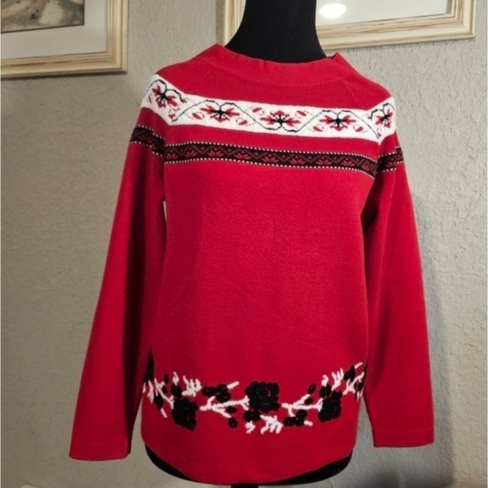 Draper James Red Floral Fair Isle Knit‎ Sweater Women's Size Small Mock Neck - Picture 2 of 12